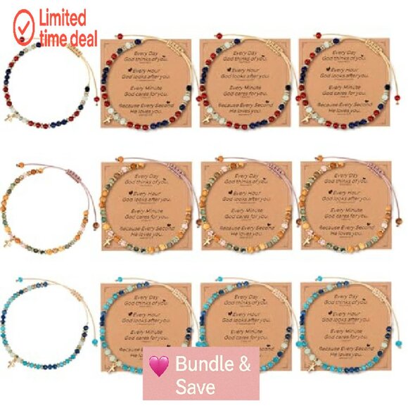 12 Pack Natural Stone Cross Stretch Bracelets, Christian Gifts for Women - Picture 2 of 8